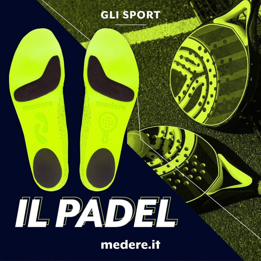 Infografica plantare sportivo biomeccanico MEDERE per padel e tennis - caratteristiche tecniche